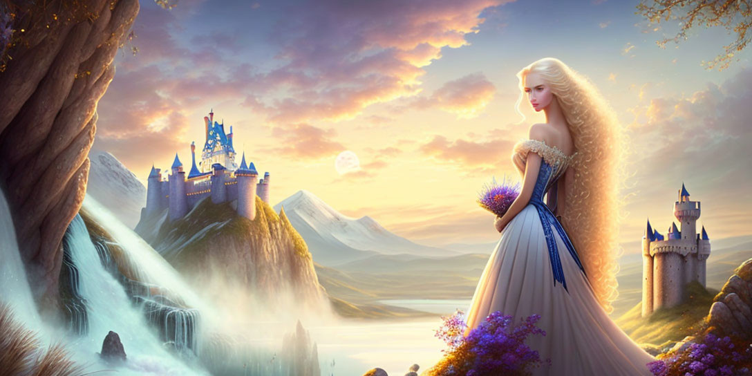 Long-haired princess in flowing gown before enchanting castle at sunset