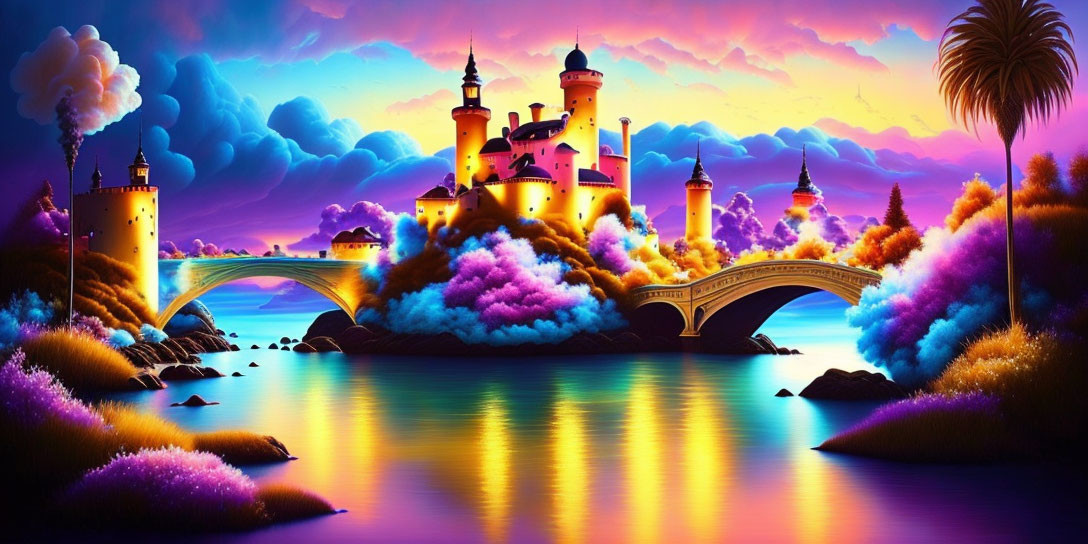 Majestic castle on island with colorful sky and lush foliage