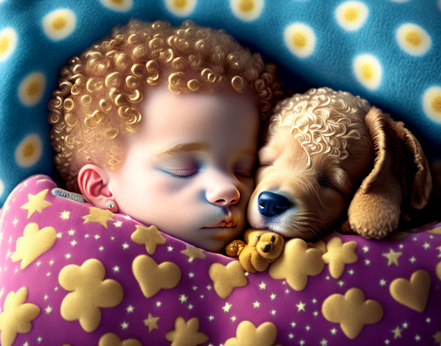 baby sleeping with a little puppy 