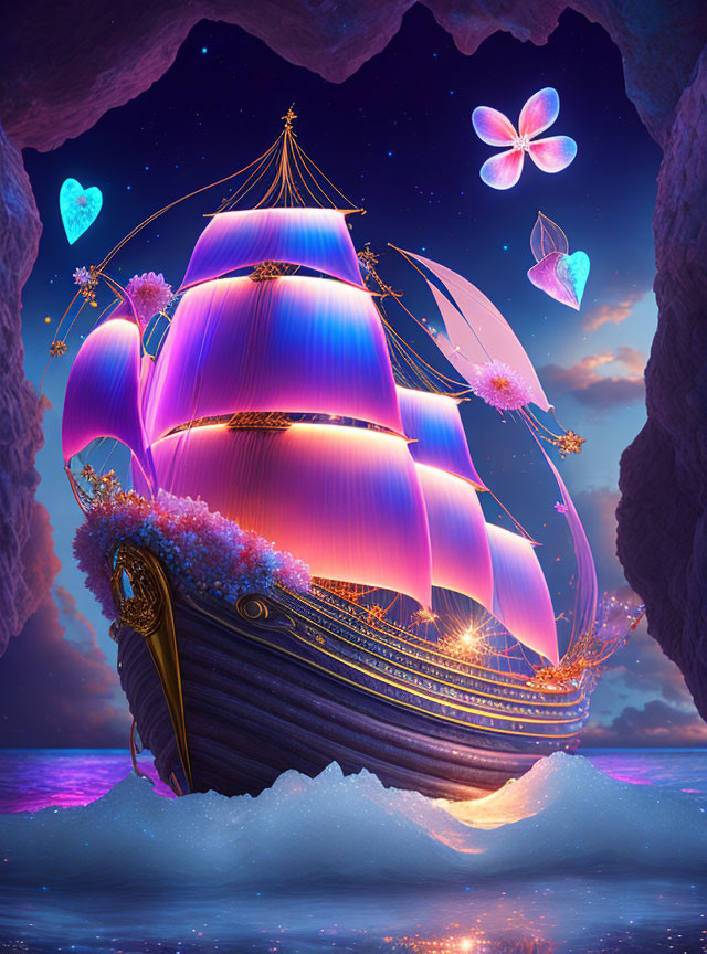 Fantasy ship with luminescent sails in starlit cave