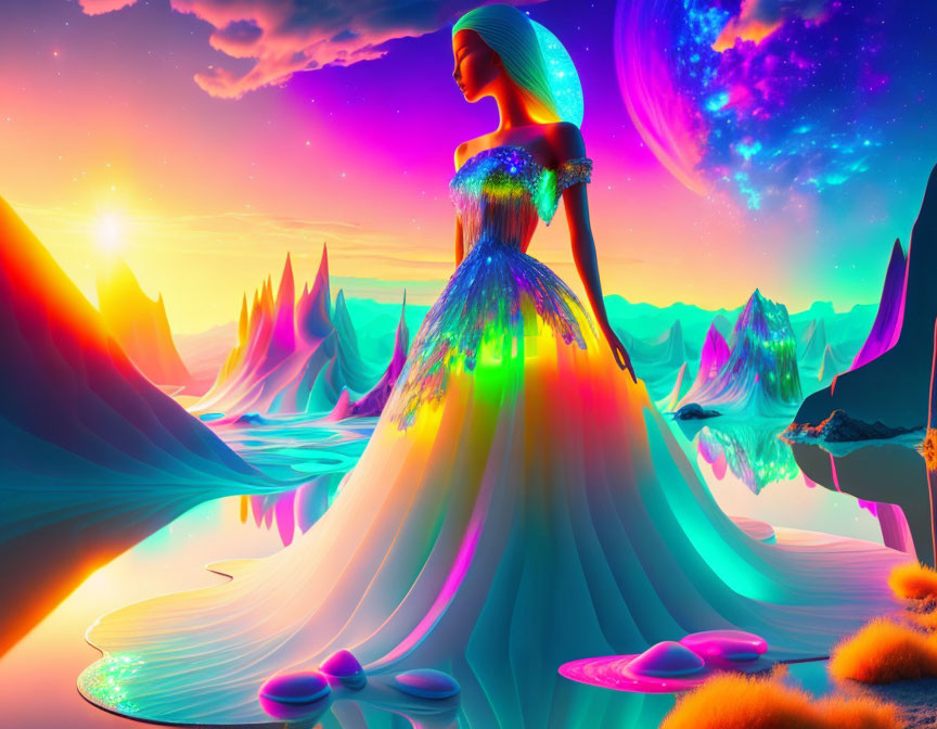 Vibrant digital art: Woman in flowing dress in surreal alien landscape