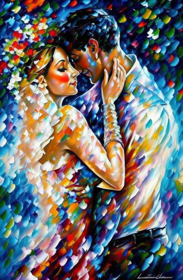 Colorful painting of couple embracing with man kissing woman's forehead