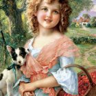 Young girl with curly hair holding small black and white dog by tree with red berries