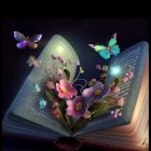 Colorful Flowers and Butterflies on Open Book Against Dark Background