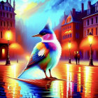 Colorful Crested Bird Perched on Wet Urban Street at Twilight