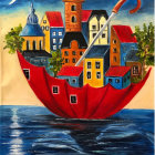 Vibrant village painting in red vessel on blue sea