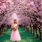 Young girl in pink dress under pink blossoming trees with butterflies and blue-lit ground