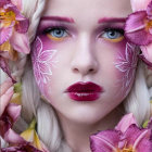 Woman with Sparkling Purple Eye Makeup and White Hair Among Vibrant Purple Flowers