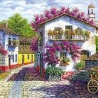 Vibrant illustration of a house with flowers and classic car