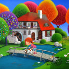 Colorful Cottage in Whimsical Landscape with River and Footbridge