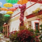 Cobblestone Alley with Flowering Plants and Colorful Umbrellas