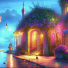 Twilight fantasy landscape with glowing palace by tranquil river