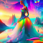 Vibrant digital art: Woman in flowing dress in surreal alien landscape