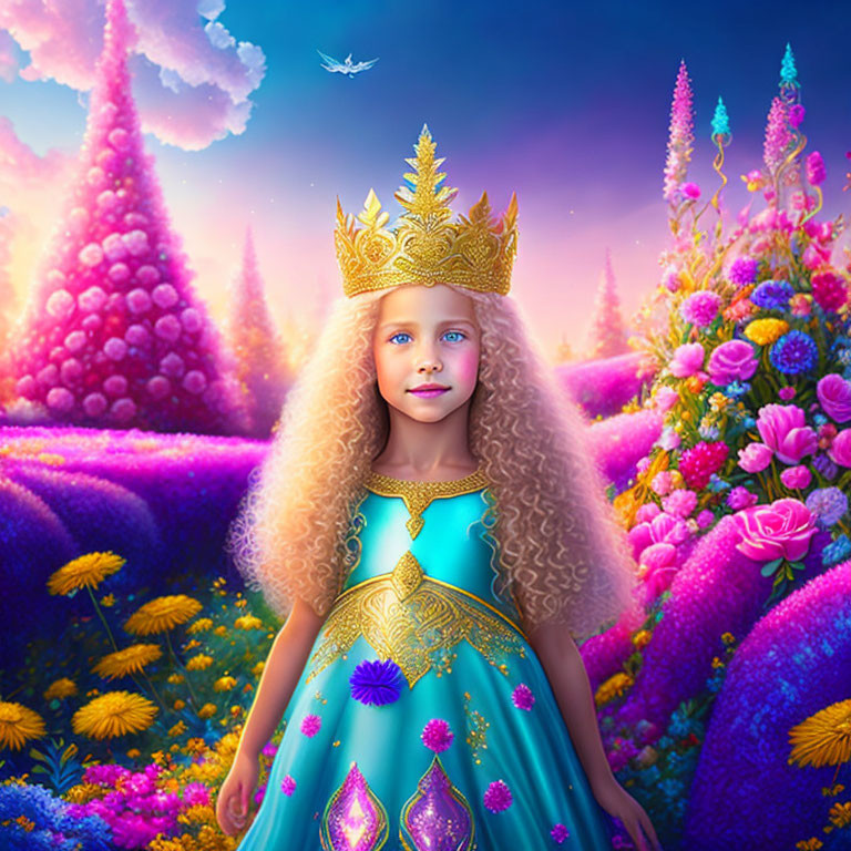Young girl in blue dress and golden crown in vibrant magical garden