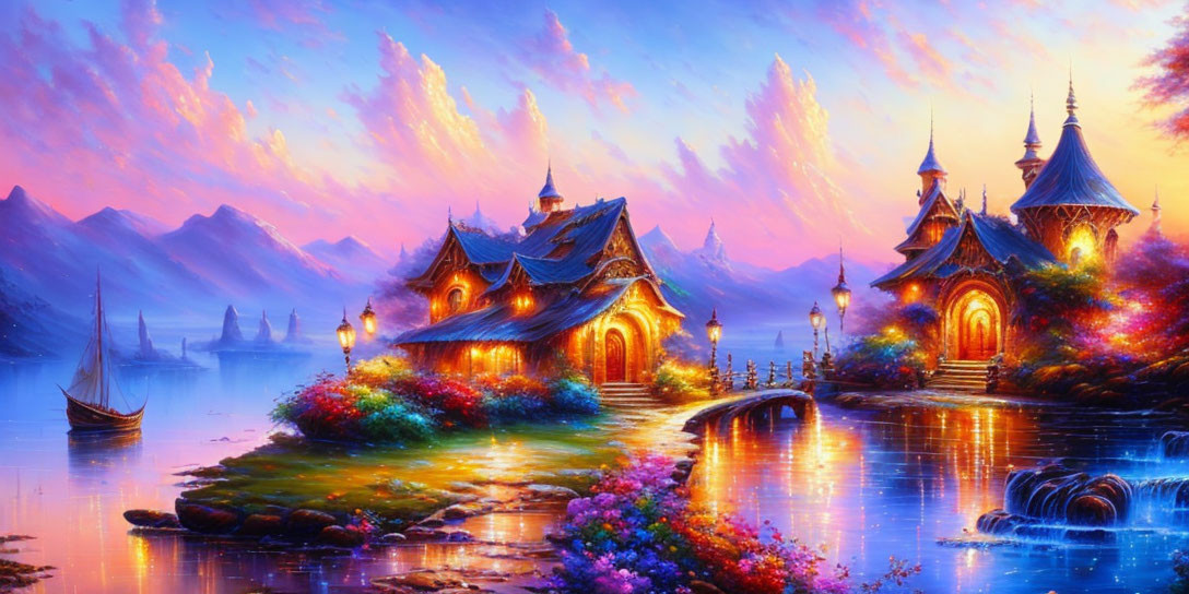 Vibrant fantasy landscape: illuminated cottages, calm lake, pink dusk sky, mountains, colorful