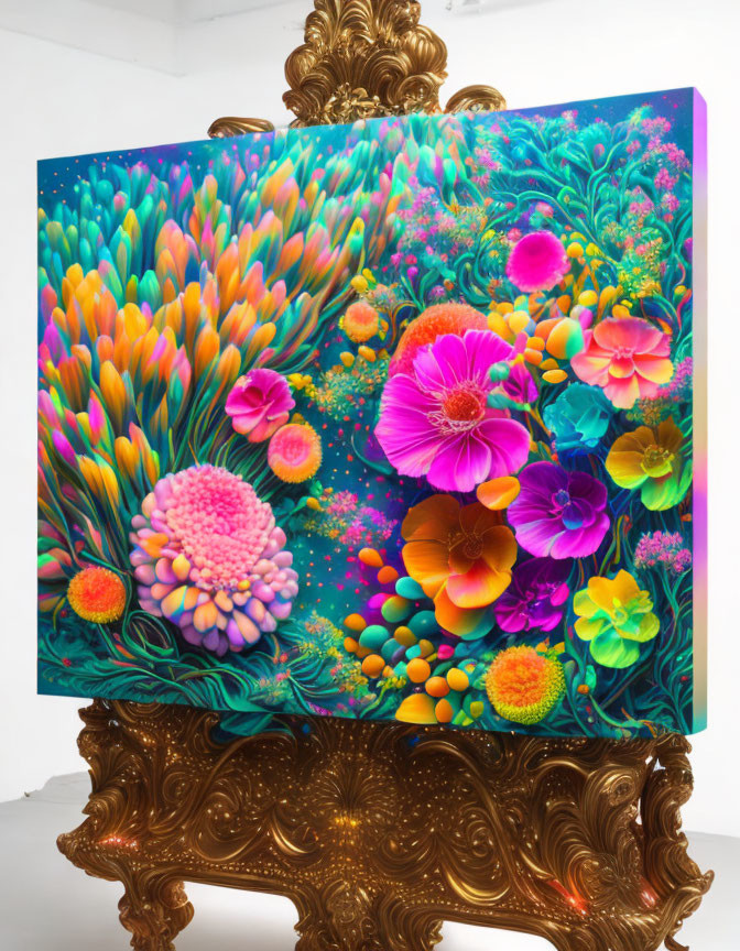Colorful Stylized Flower Painting on Ornate Golden Easel