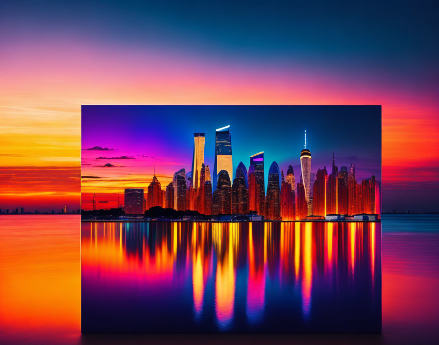 City skyline at sunset with colorful reflections on water
