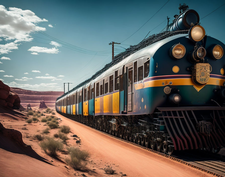 Vintage Train Travels Through Desert Landscape