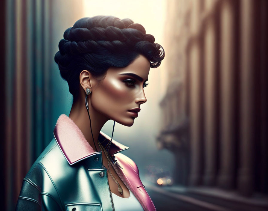Digital artwork: Woman with intricate braided hair in pastel leather jacket against blurred cityscape