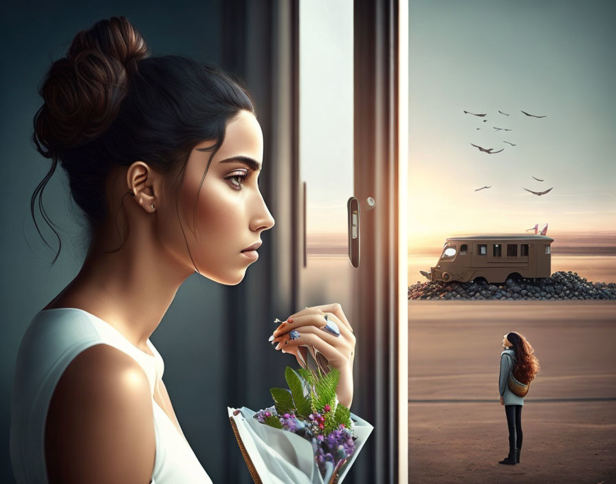 Digital artwork: Split scenes of two women - one in profile, the other by a trailer watching birds