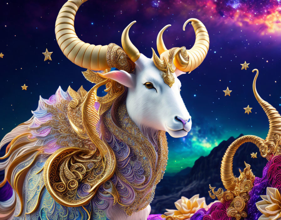 Golden-Horned White Goat with Cosmic Starry Background