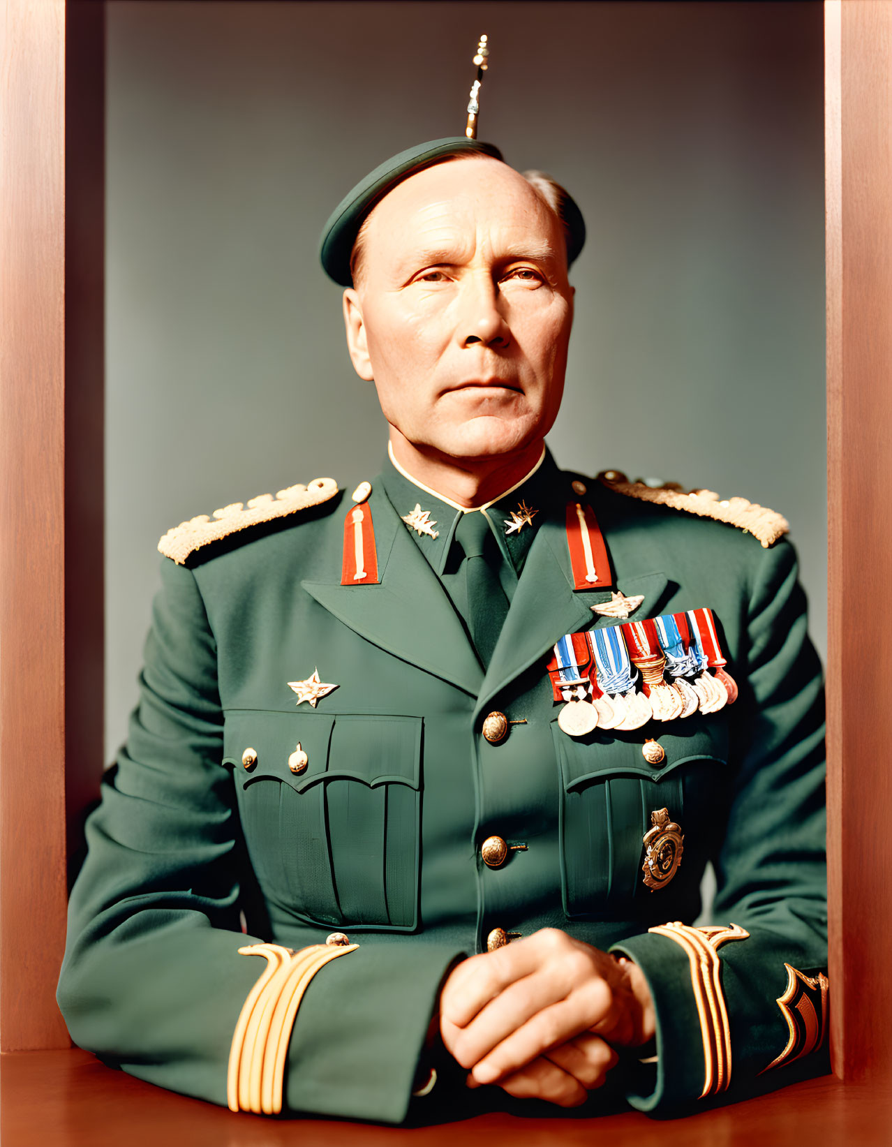 Military man in green uniform with medals posing on brown backdrop