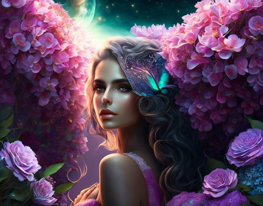 Fantasy digital art: Woman with dark hair and feather, pink flowers, cosmic background