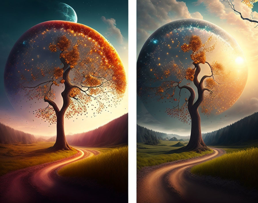Surreal artwork: Glowing canopy tree with planet sky, day-night scene