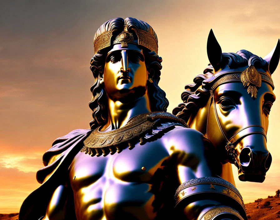 Majestic warrior in ancient armor with horse at sunset