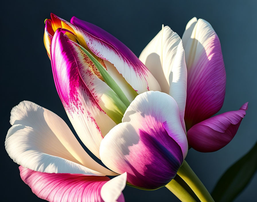 Vibrant pink and white tulips on dark background