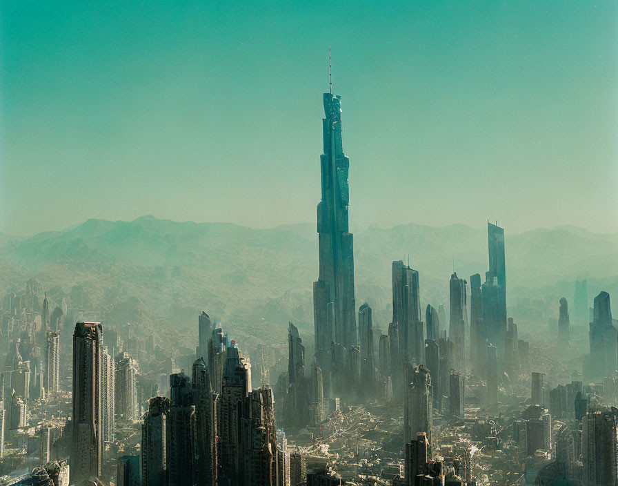 City skyline with tall skyscrapers and mountains in the background