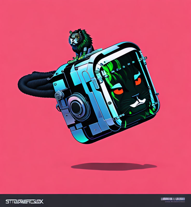 Colorful digital artwork: Black cat on retro-futuristic camera with mechanical innards on pink background