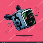 Colorful digital artwork: Black cat on retro-futuristic camera with mechanical innards on pink background