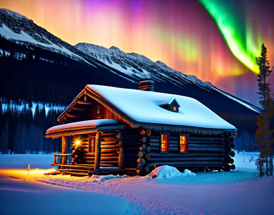 Snow-covered log cabin under aurora borealis in night sky