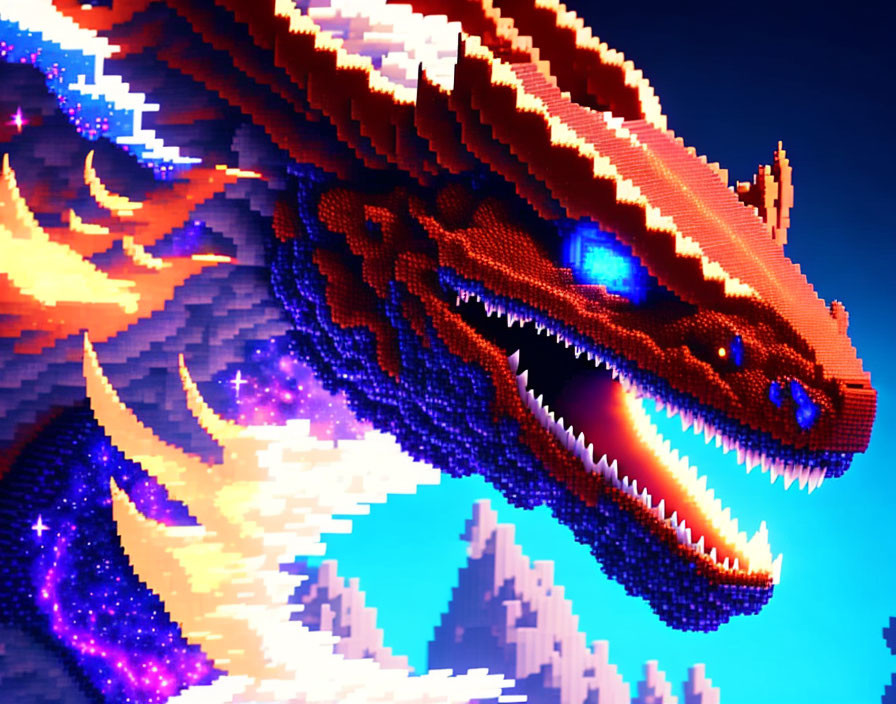 Vibrant red and orange dragon in pixel art with glowing blue eyes against starry sky