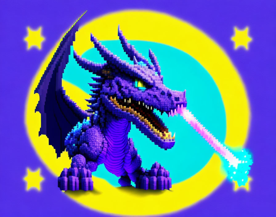 Pixel Art: Purple Dragon Breathing Fire Against Moonlit Sky
