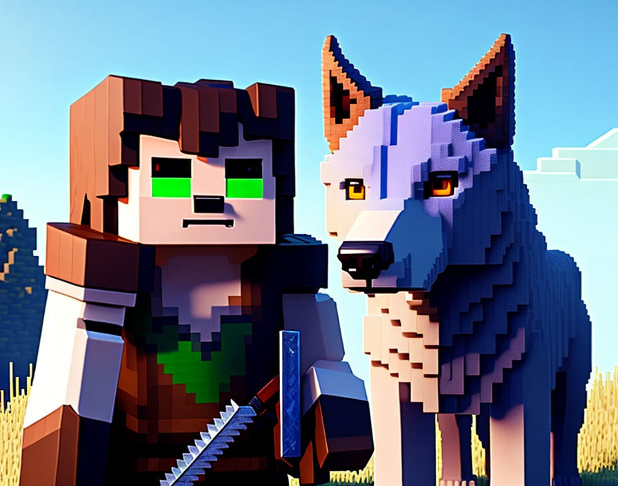 Stylized digital image of Minecraft character with green eyes and wolf on pixelated landscape