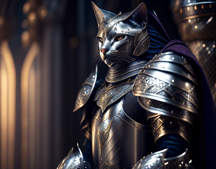 Digital Artwork: Cat in Silver Armor with Fantasy Theme