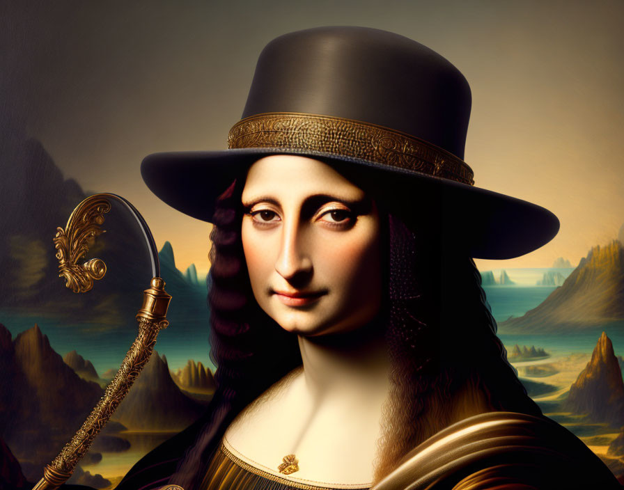 Digital Artwork: Mona Lisa with Top Hat and Cane in Surreal Landscape