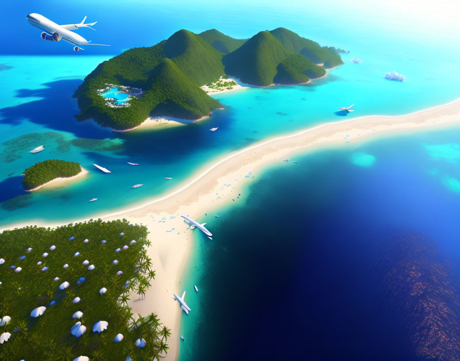Tropical archipelago with lush green islands and clear blue waters