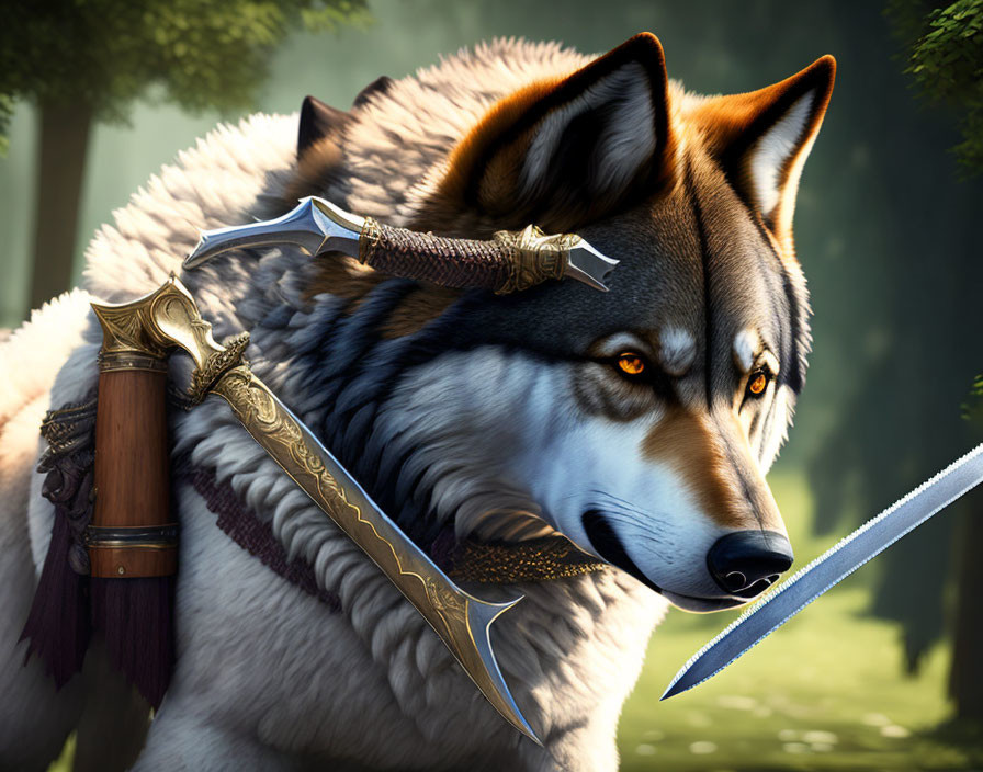 Fantasy wolf illustration in golden armor with dagger, forest background
