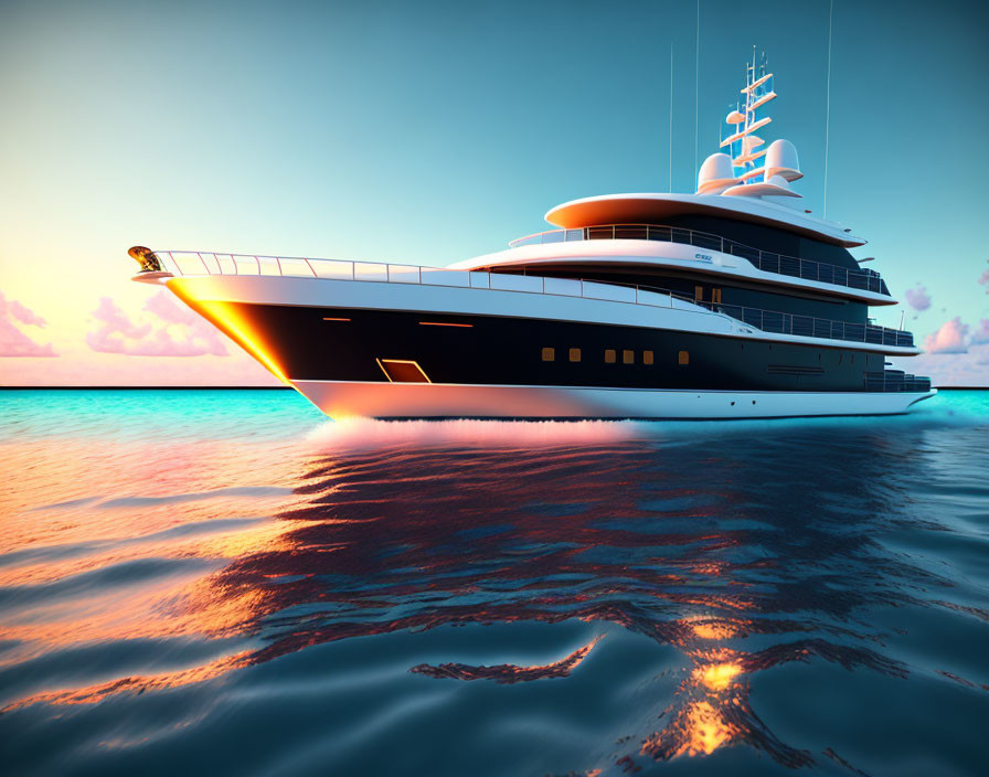 Luxury Yacht Anchored at Sea at Sunset