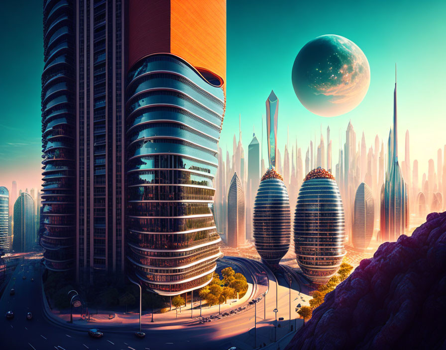 Futuristic cityscape with modern skyscrapers and oversized moon