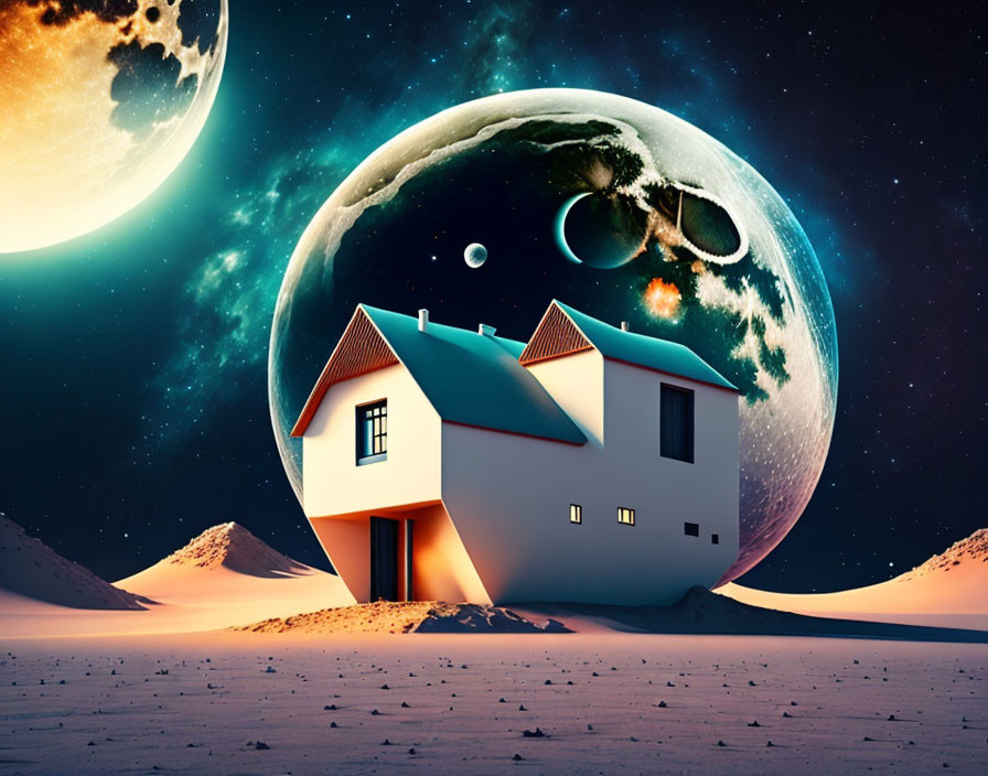 Surreal landscape with lone house, oversized moons, and planets