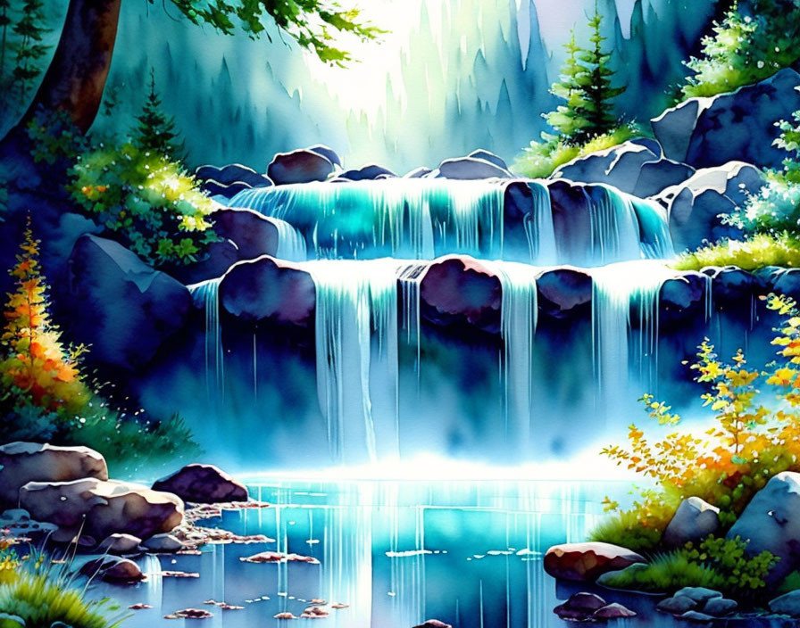 Serene waterfall painting with lush greenery