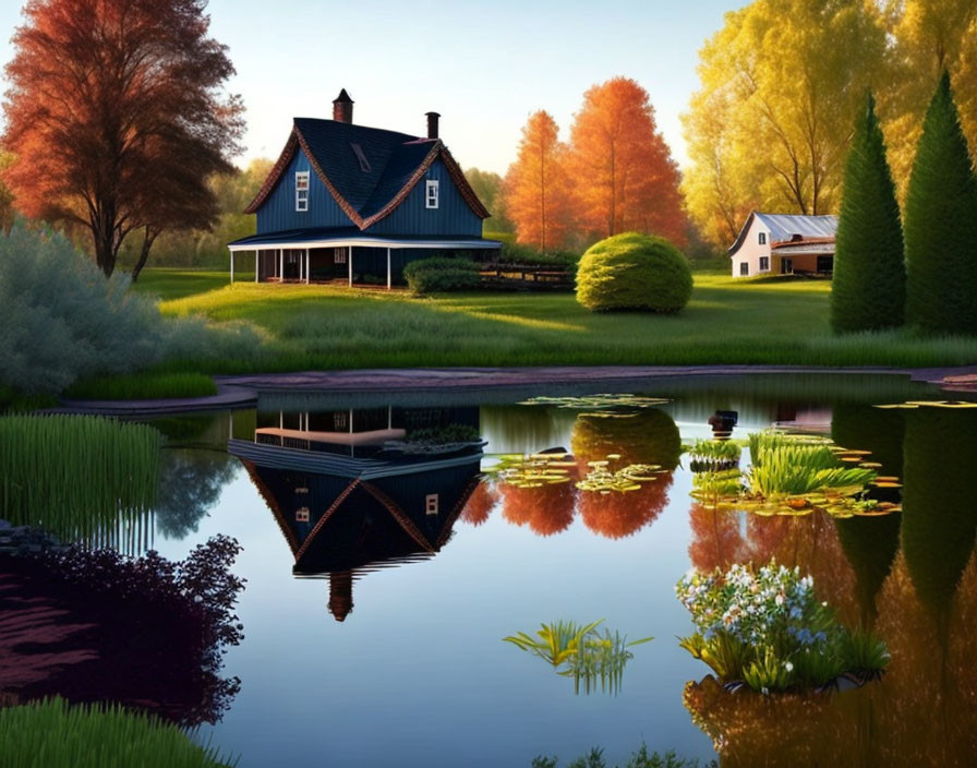 Country House with Blue Roof Surrounded by Autumn Trees and Pond