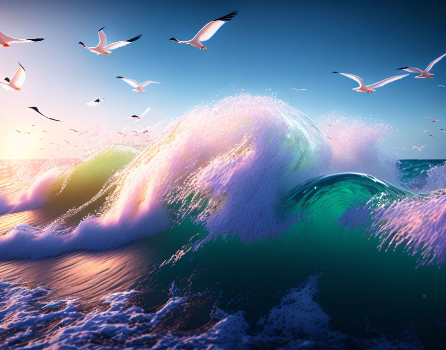 Colorful ocean waves under sunset sky with soaring seagulls