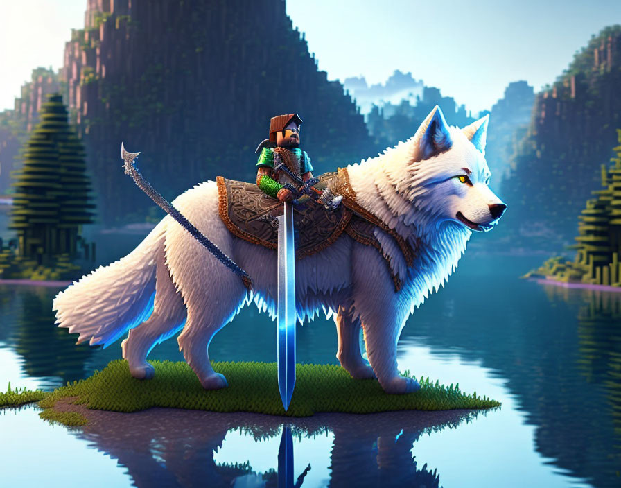 Warrior riding giant white wolf in majestic forest landscape