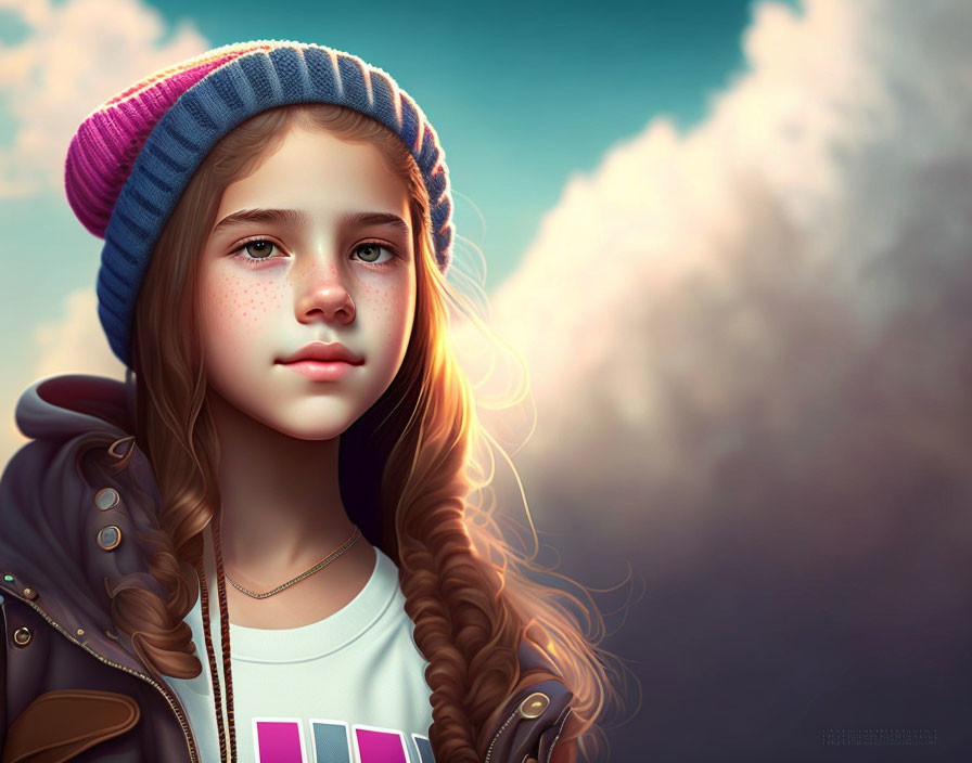 Young girl with curly hair in colorful beanie and jacket against cloudy backdrop