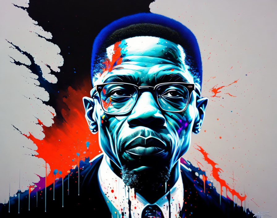 Colorful portrait of a man with glasses and dynamic splatter effects